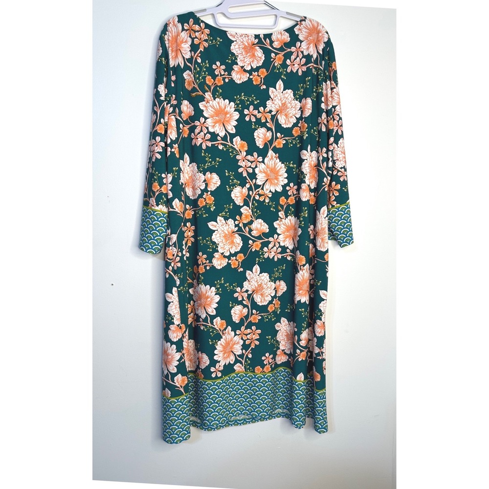 Wisp Shift Dress Womens 18W Green Floral Excellent 3/4 Sleeve Boat Neck Jersey - Picture 2 of 3